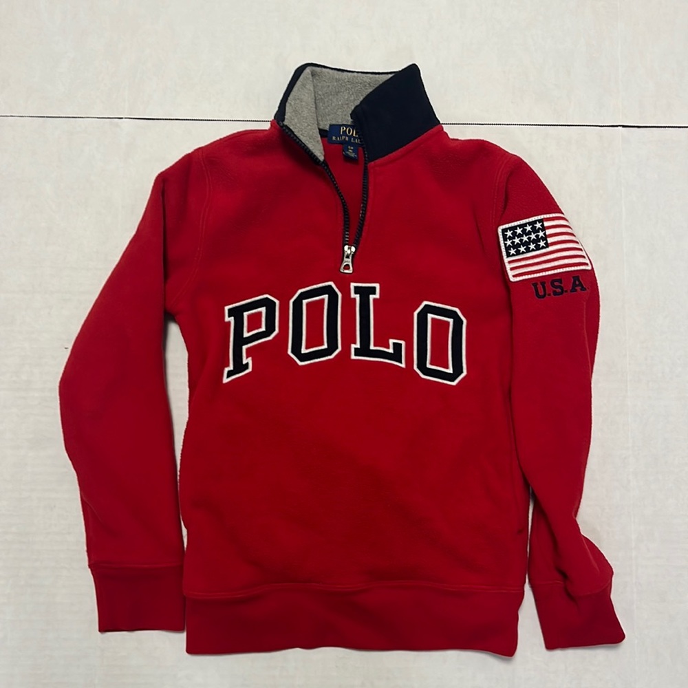 Polo by Ralph Lauren Red Half-Zip Sweatshirt with USA Sleeve Patch